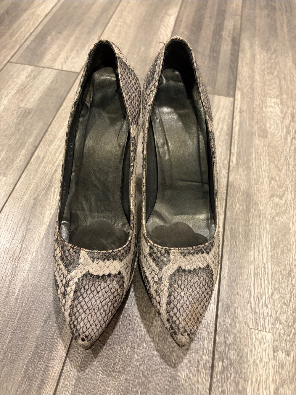 Stuart Weitzman Taupe and Black Snake-Print Pointed Pumps